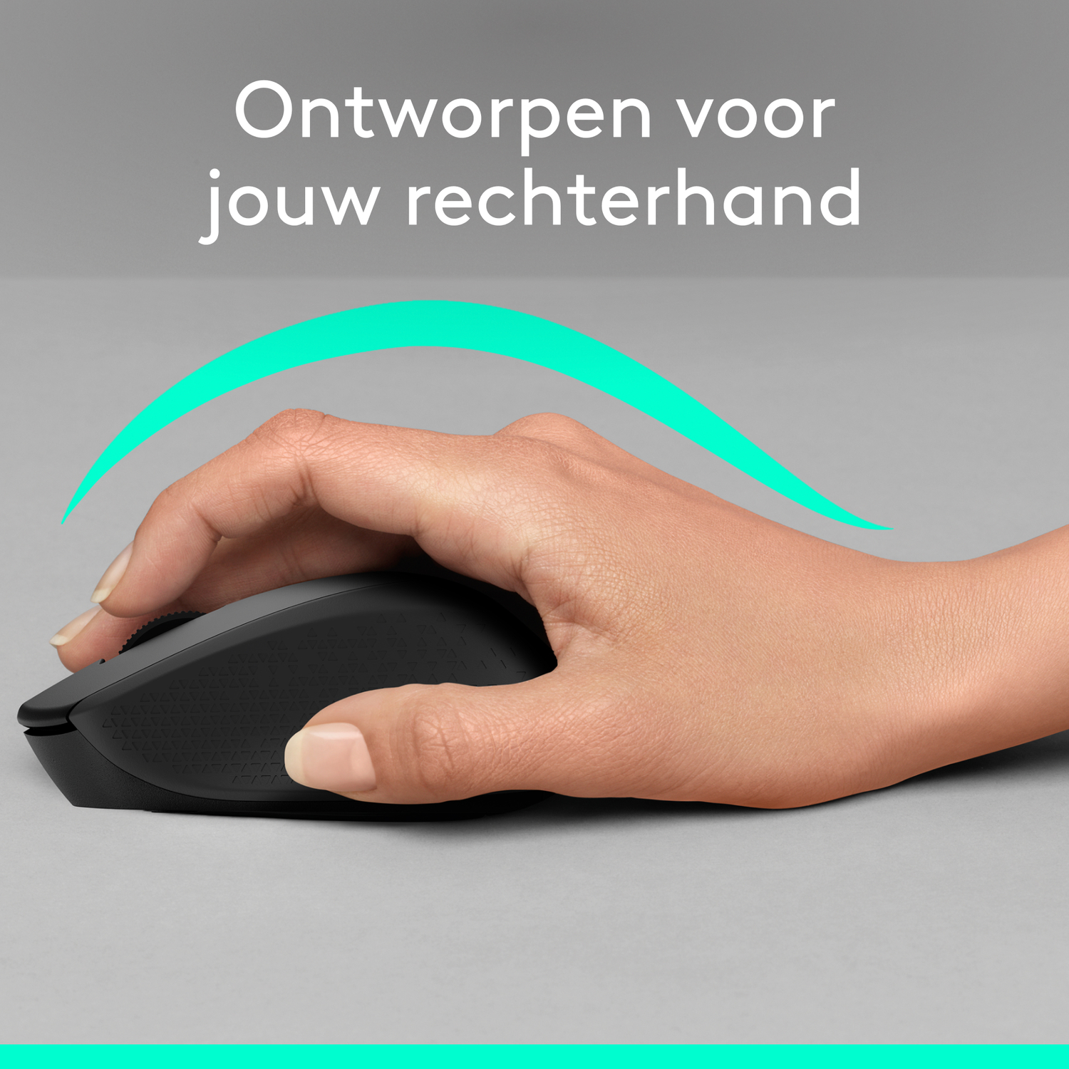 Hand holding a black mouse. A green curved line above the hand.