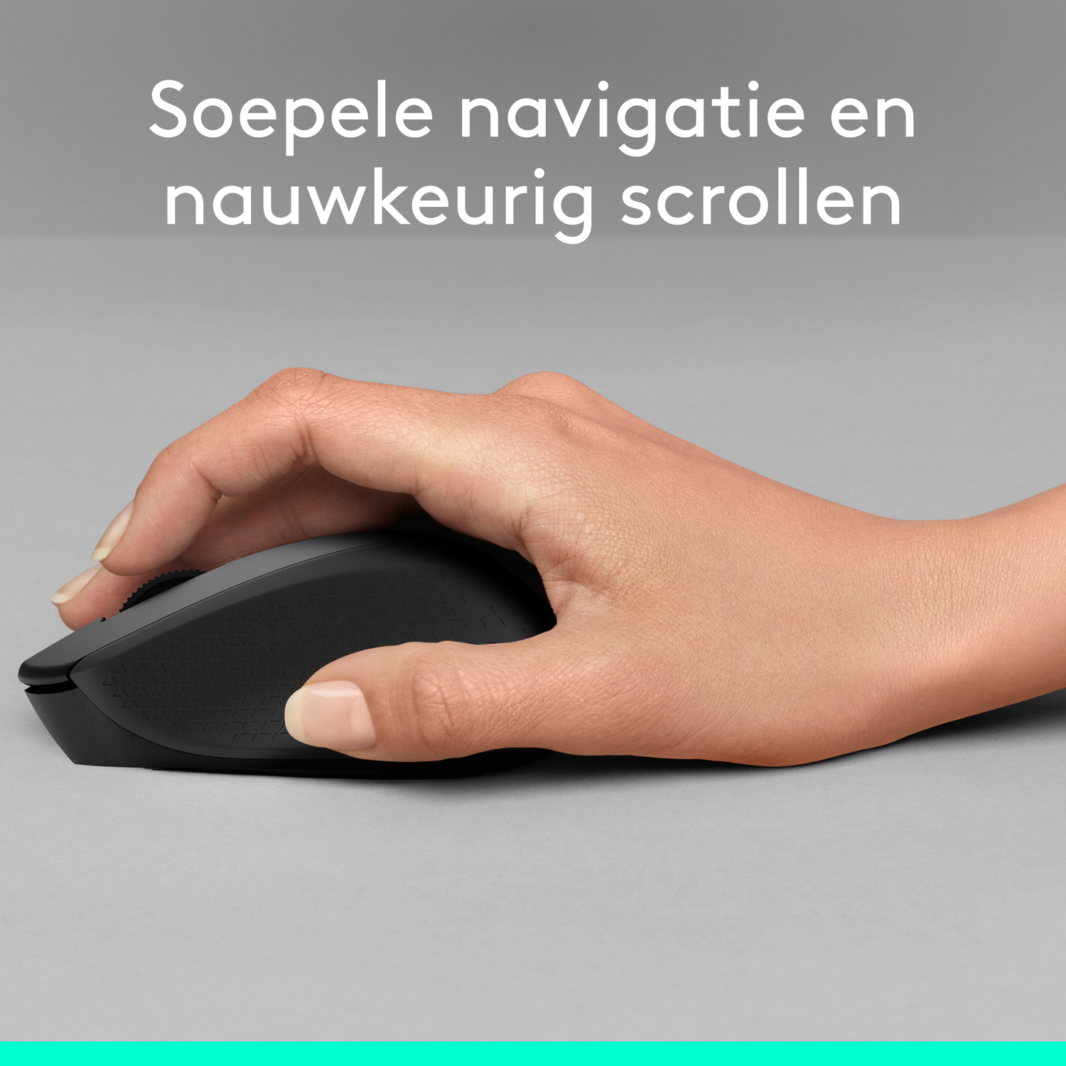 A hand holding a black computer mouse. Text above says 'Smooth navigation and accurate scrolling'.
