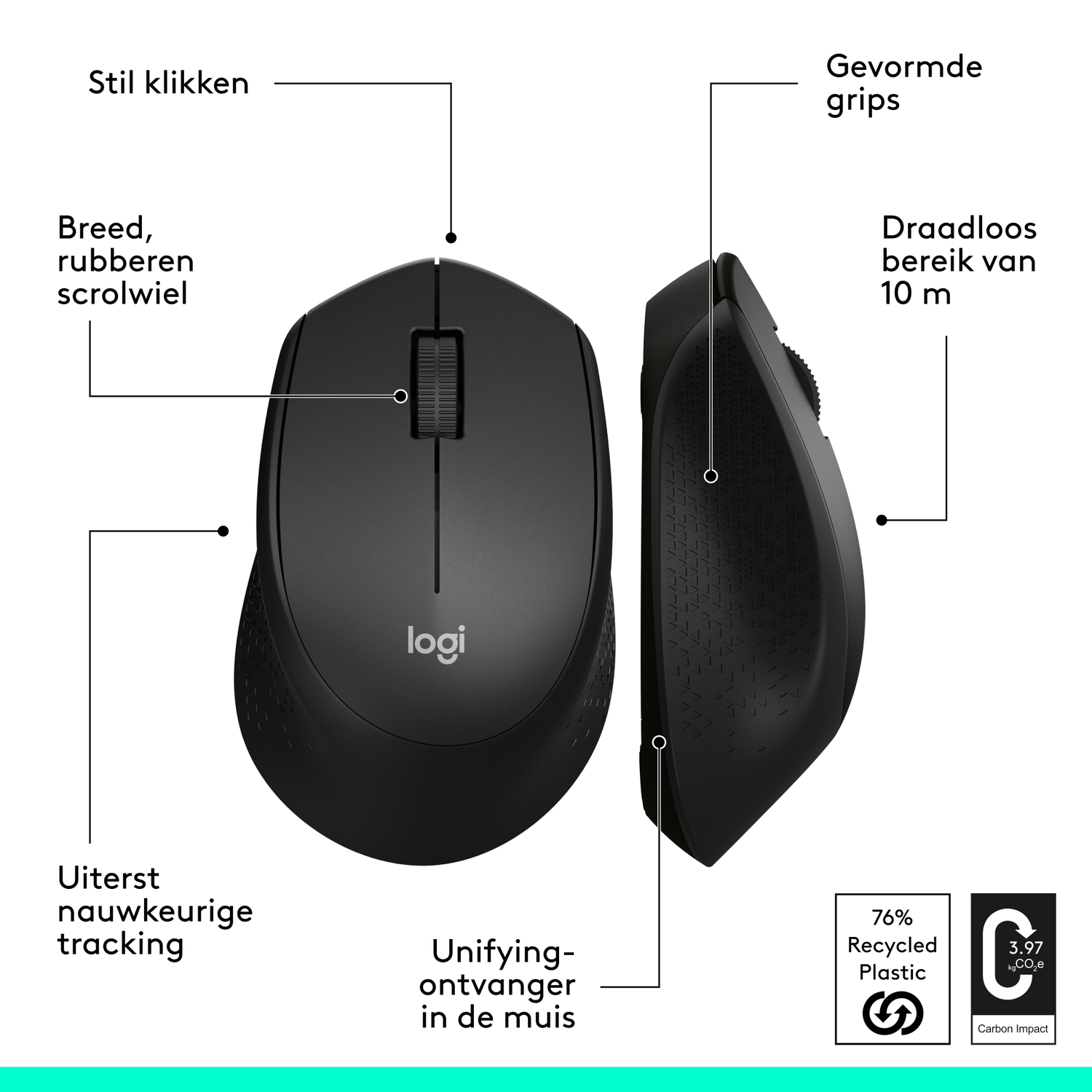 Black computer mouse, with labels pointing to features like scroll wheel and grips.