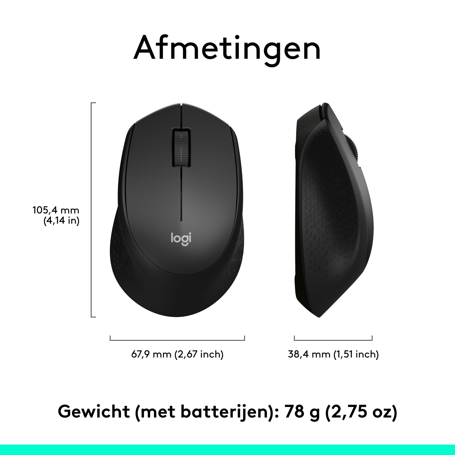 Blue mouse dimensions: 105.4 mm long, 67.9 mm wide, 38.4 mm high. Weight with batteries is 78 g.