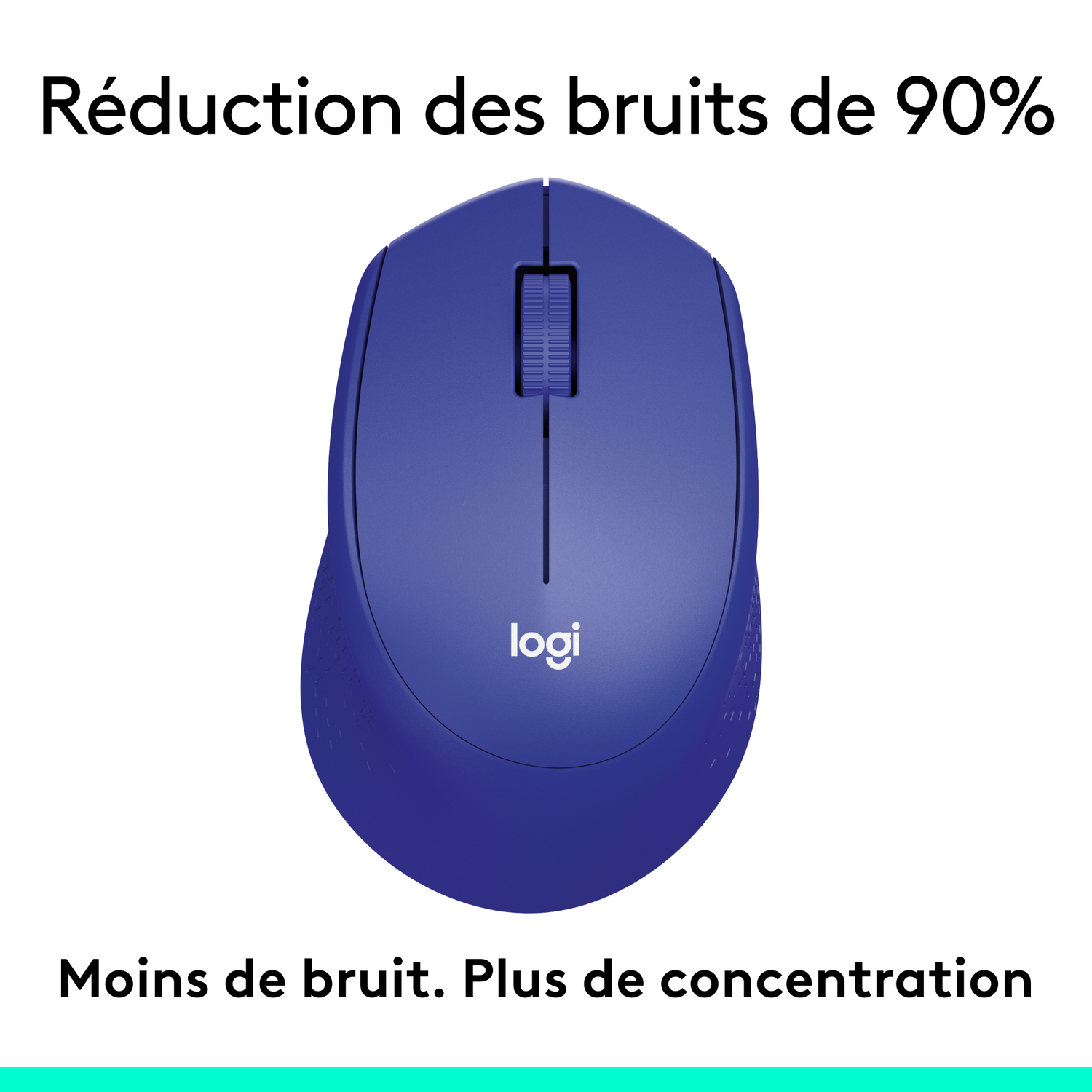 Souris d'ordinateur bleue, vue de dessus, avec le logo logi et du texte.