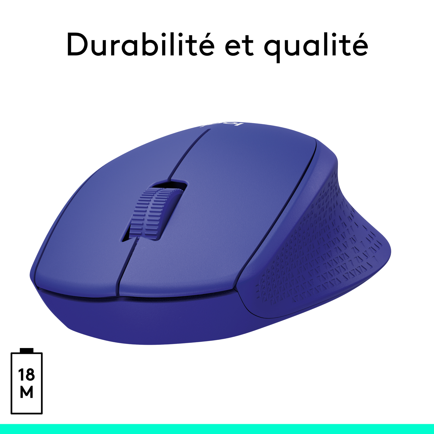 Une souris bleue avec une molette sur fond blanc.