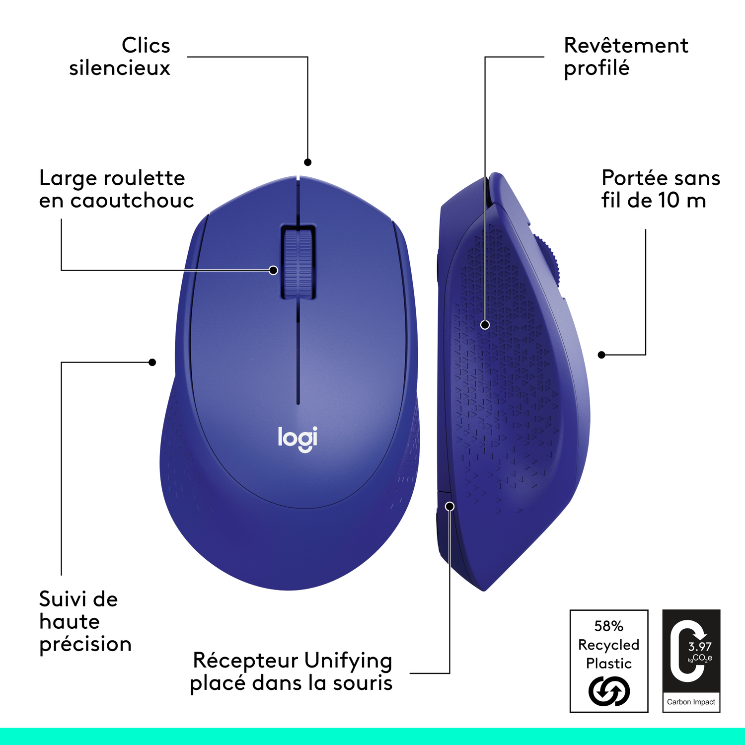 Souris sans fil bleue avec étiquettes. Clics silencieux, roulette caoutchouc, suivi haute précision, portée 10 m.