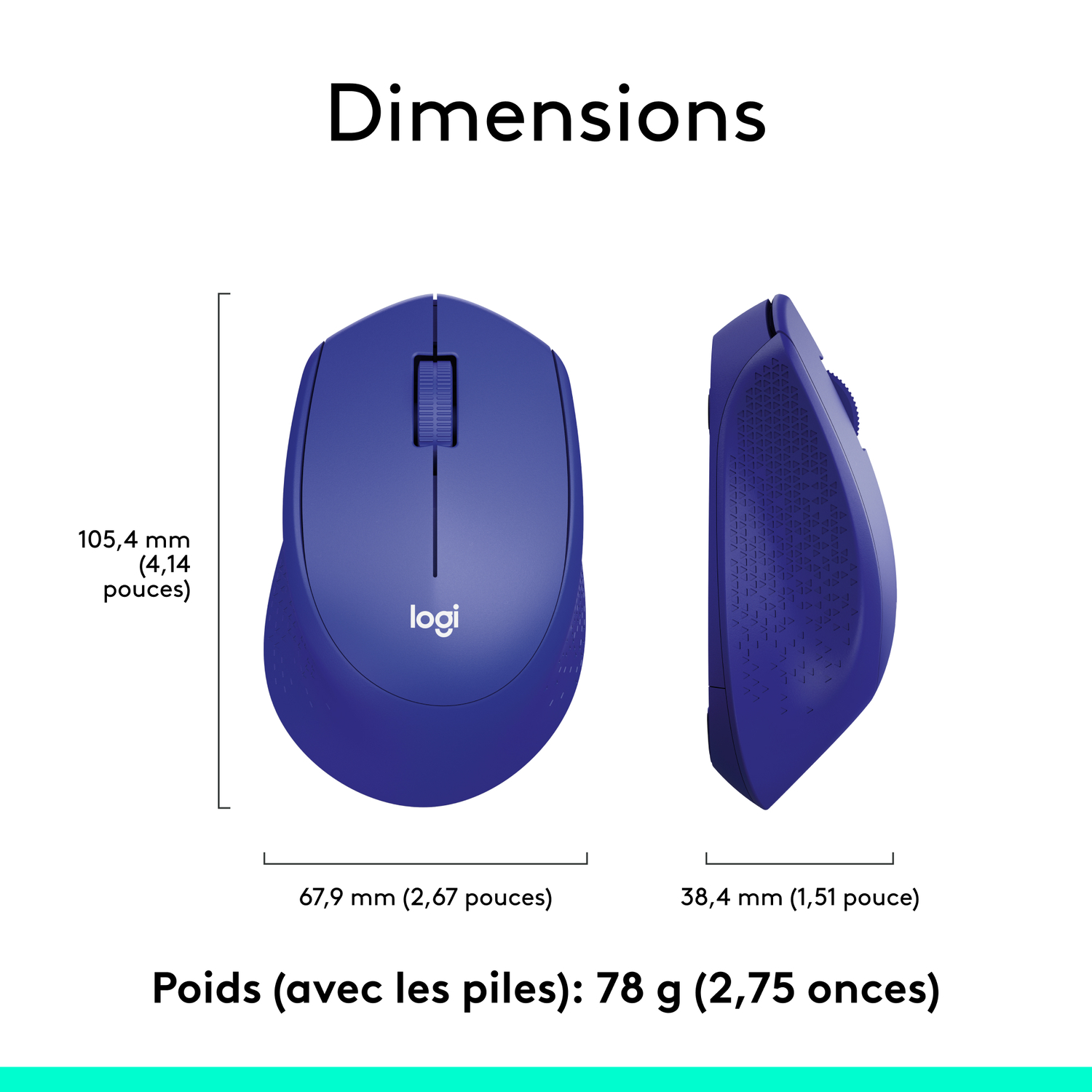 Souris bleue avec dimensions et détails de poids en français.