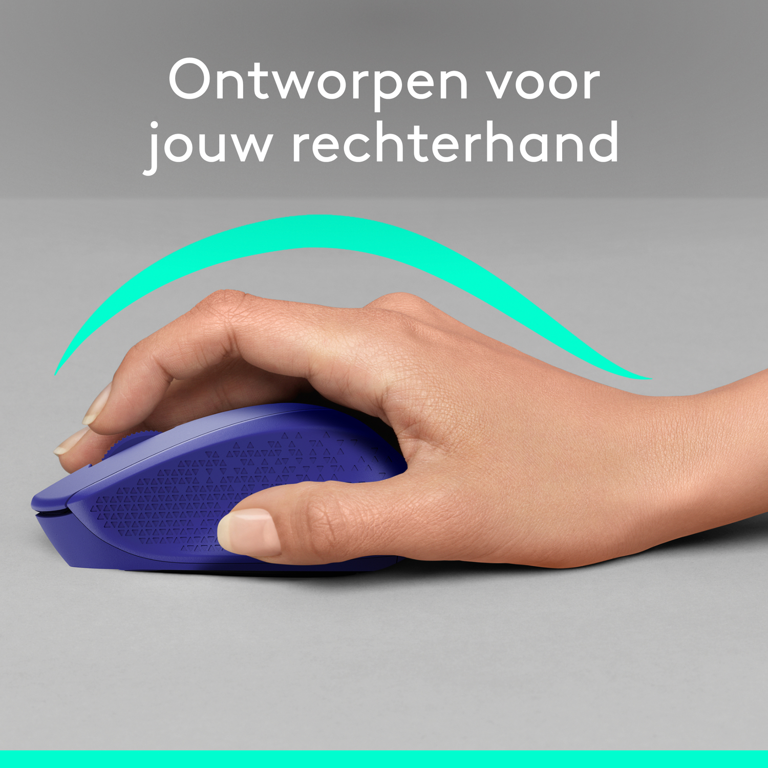 A hand rests on a blue mouse, demonstrating ergonomic design. A curved line above hand suggests comfort.