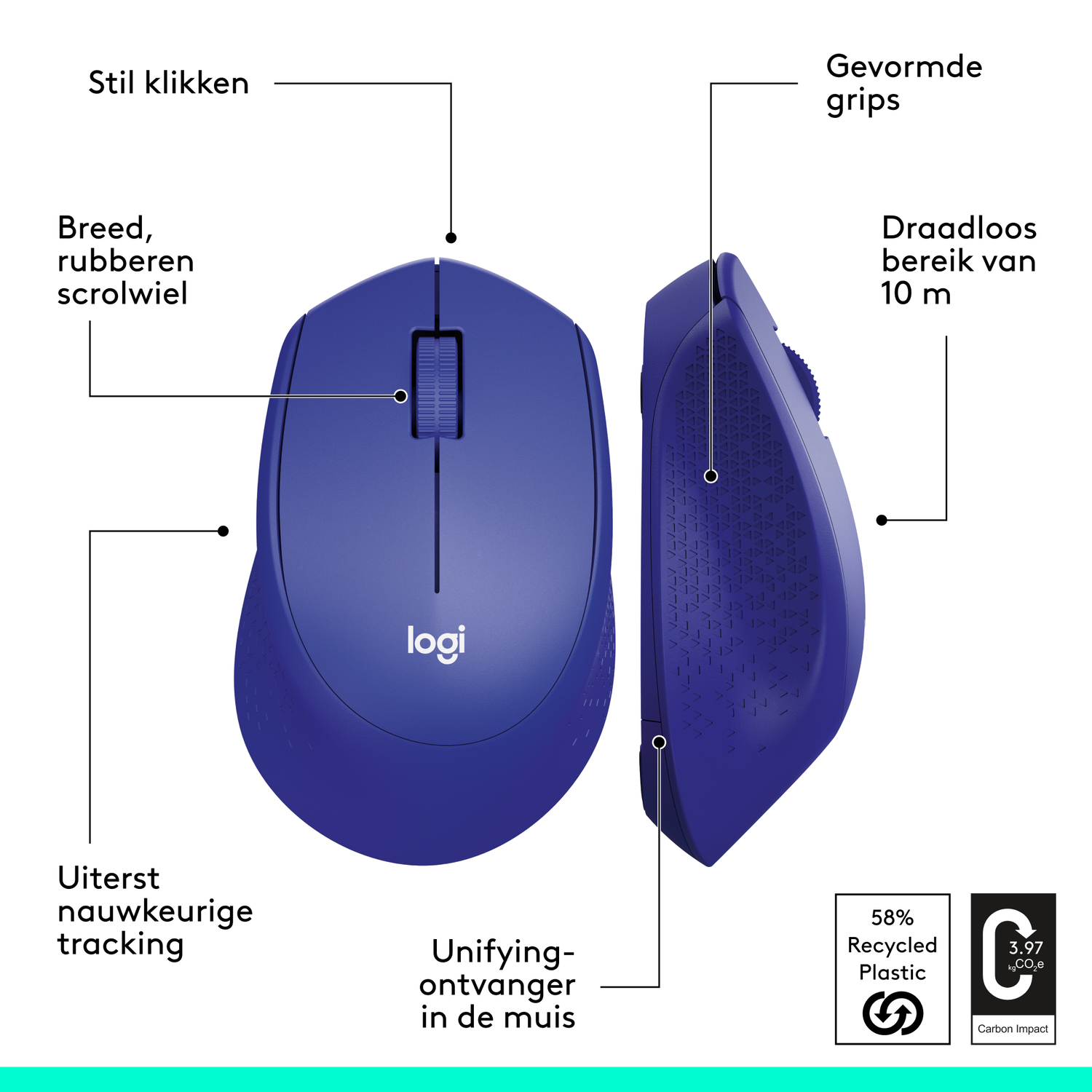 Blue wireless mouse with labels. Shows silent clicks, rubber wheel, high-precision tracking, and 10 m range.