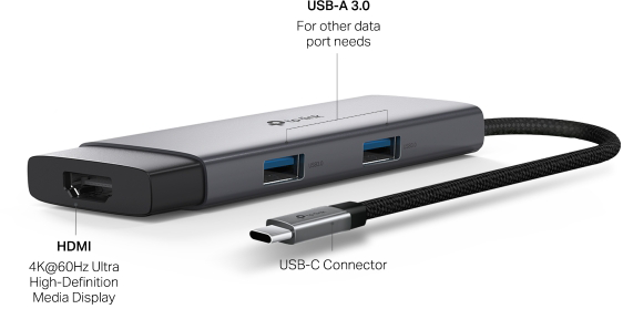 Szürke USB hub HDMI és USB-A portokkal. Tartalmaz USB-C csatlakozót és szöveget.