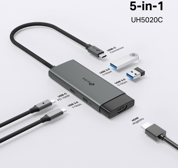 Szürke USB hub, több porttal és kábellel. Tartalmaz USB-C, USB 3.0, HDMI és USB-A csatlakozókat.