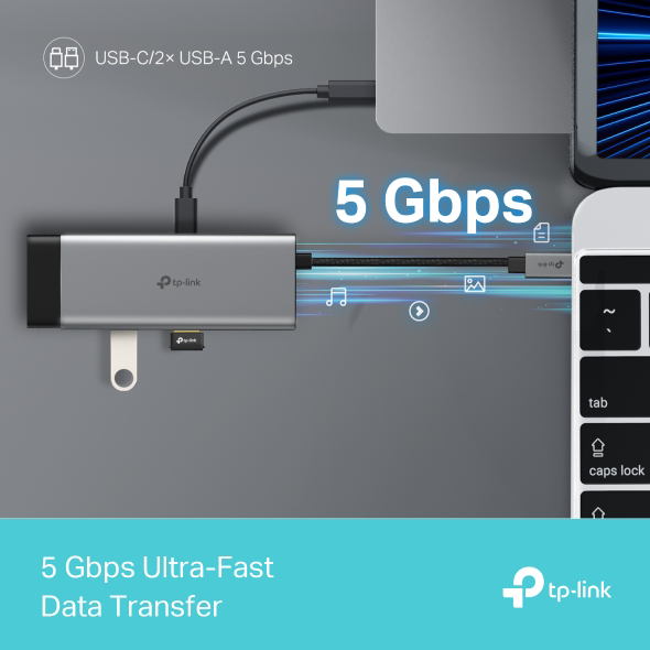 Ezüst USB hub több porttal, laptophoz és telefonhoz csatlakoztatva. A szöveg 5 Gbps-t ír.
