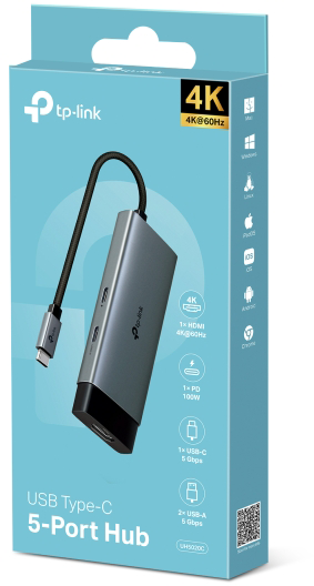 Termékdoboz. Egy USB Type-C 5-Port Hub látható. 4K HDMI, USB-C és USB-A portokkal rendelkezik.