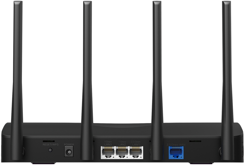 Fekete router, hátulnézet. Jellemzők: antennák, portok, reset/WPS gomb és a tápcsatlakozó.