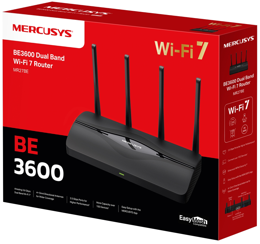 Dobozos MERCUSYS BE3600 Dual Band Wi-Fi 7 router, termékkép.