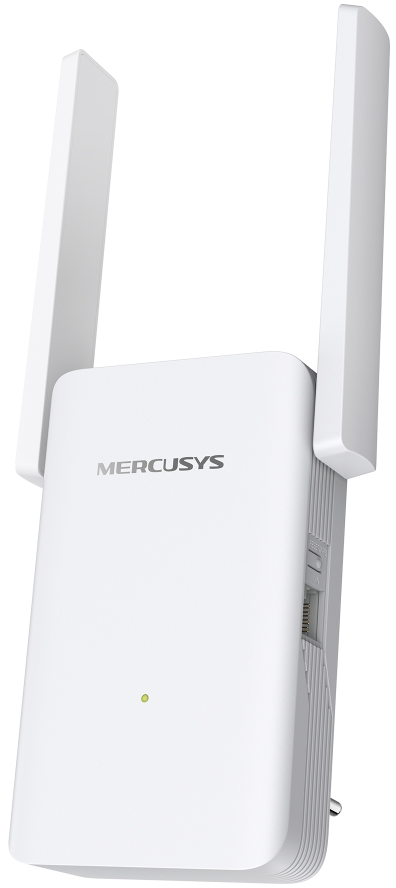 Egy fehér MERCUSYS WiFi bővítő két felfelé hajló antennával, fehér háttér előtt.