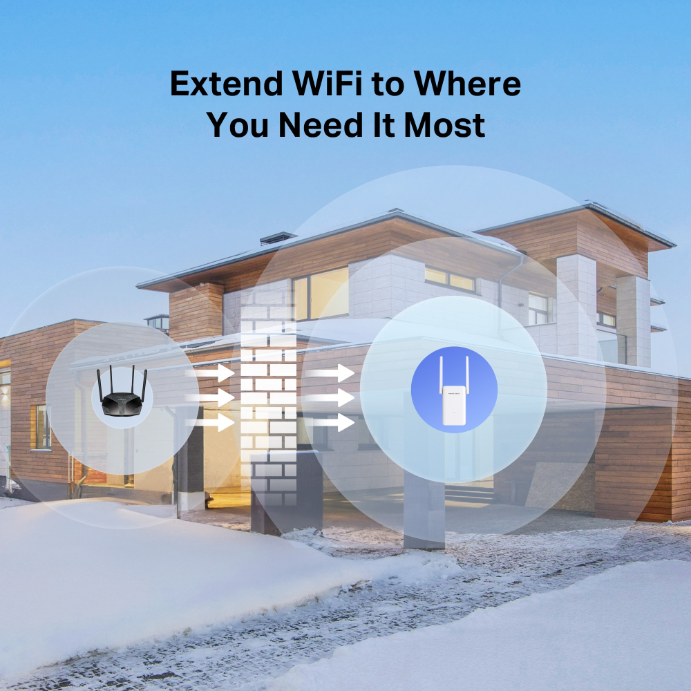 Egy ház és egy Wi-Fi jelerősítő Wi-Fi jelet hoz létre. A hó borítja az előteret.