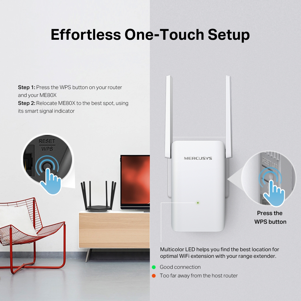 Hálózati bővítő diagramja. WPS gombot és router beállítási utasításokat mutat. Piros szék a háttérben.