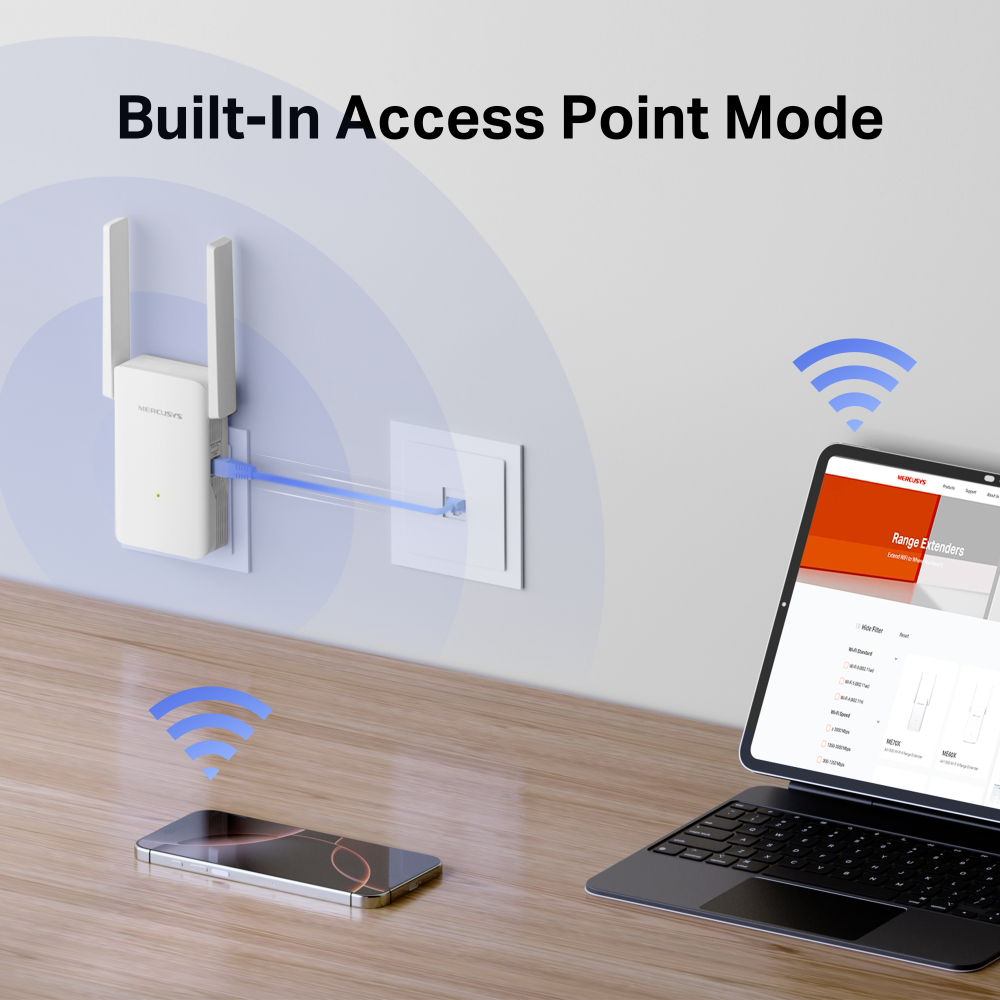 Egy fehér Wi-Fi jelerősítő a falba dugva, egy telefonnal és tablettel, amelyek Wi-Fi jel ikonokat mutatnak.