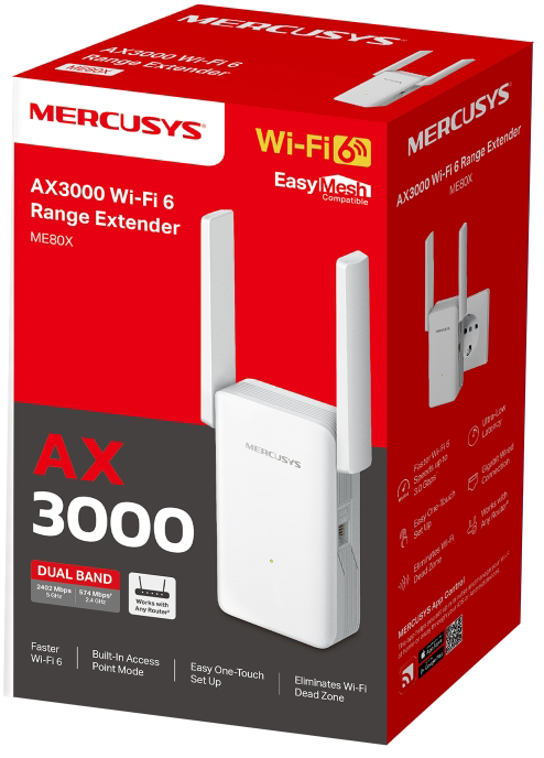 Egy MERCUSYS AX3000 Wi-Fi 6 hatótávolság-bővítő termékdoboza, a készülék képével és funkcióival.