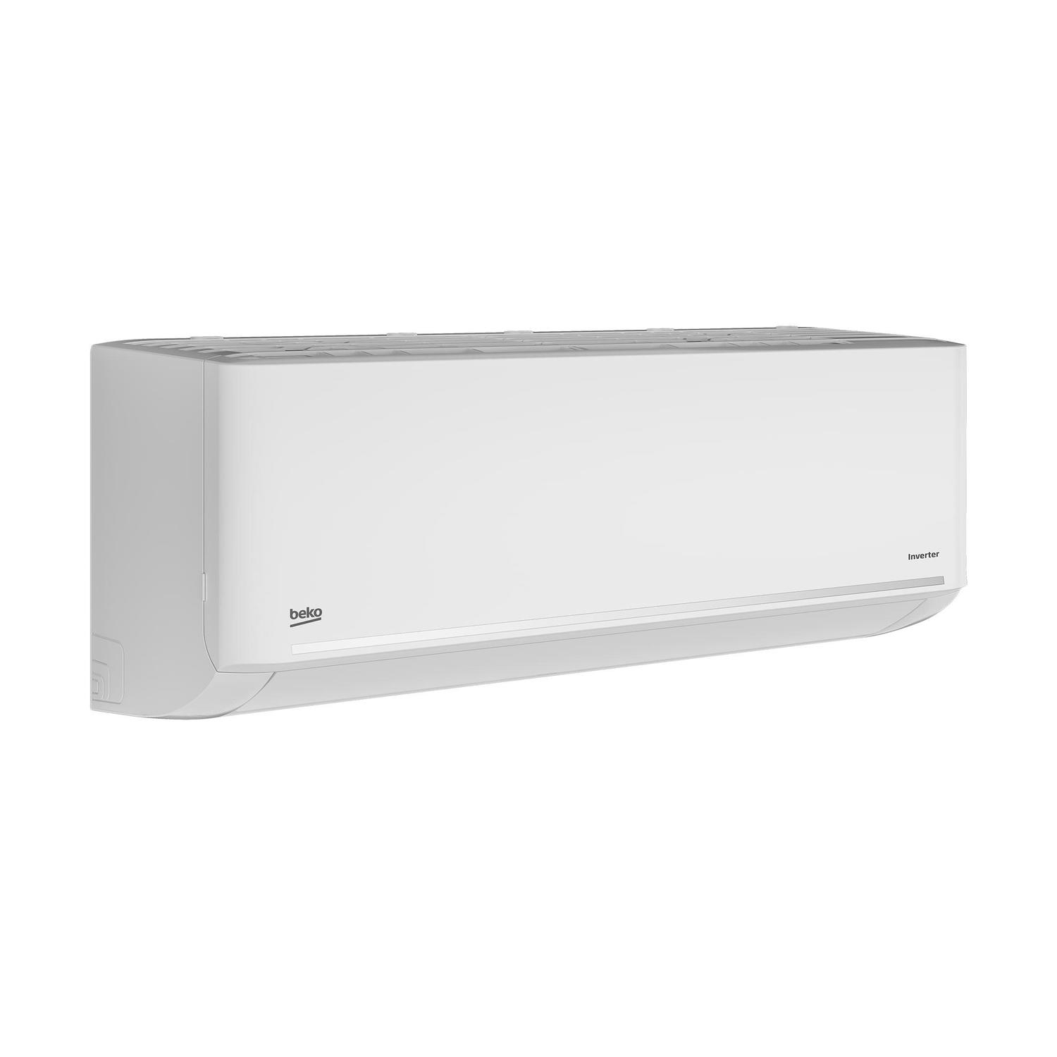 Unità condizionatore Beko bianca, montata su una parete bianca. Con etichetta Inverter.