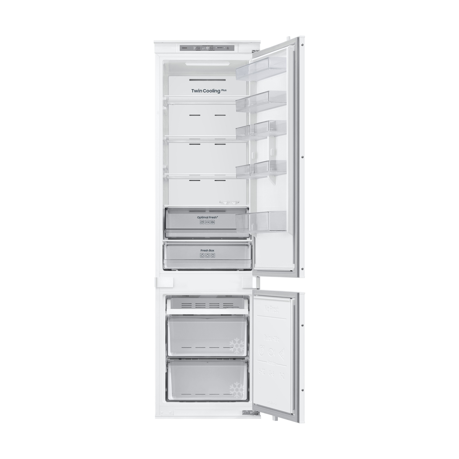 Un frigorifero bianco aperto con più ripiani, cassetti e un sistema Twin Cooling Plus visibile all'interno.