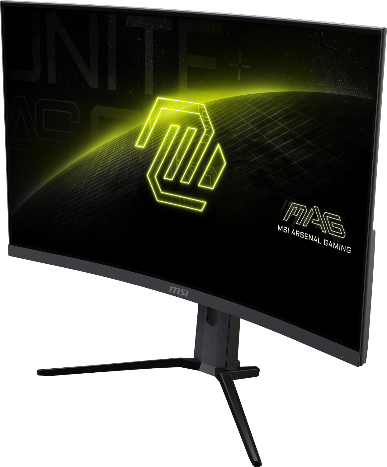 Un monitor de juegos curvo con un logotipo sobre un fondo negro.