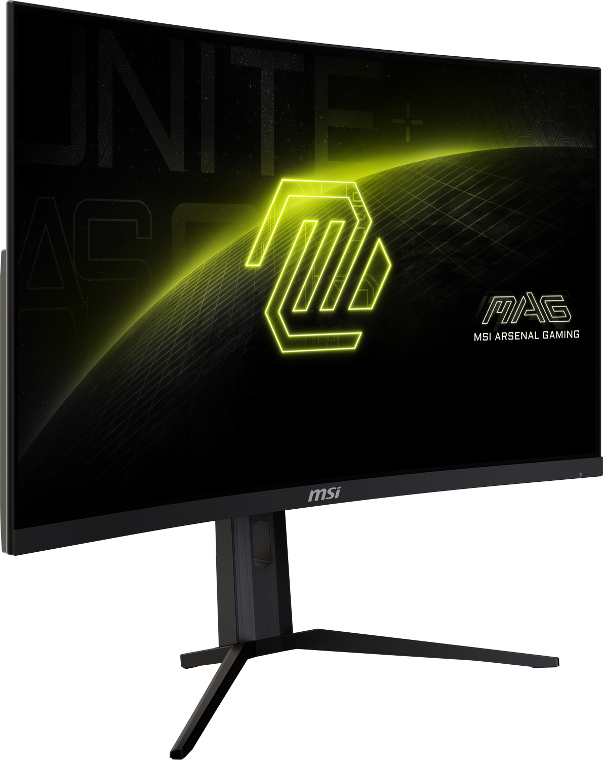 Monitor negro curvo con logo amarillo sobre fondo negro.