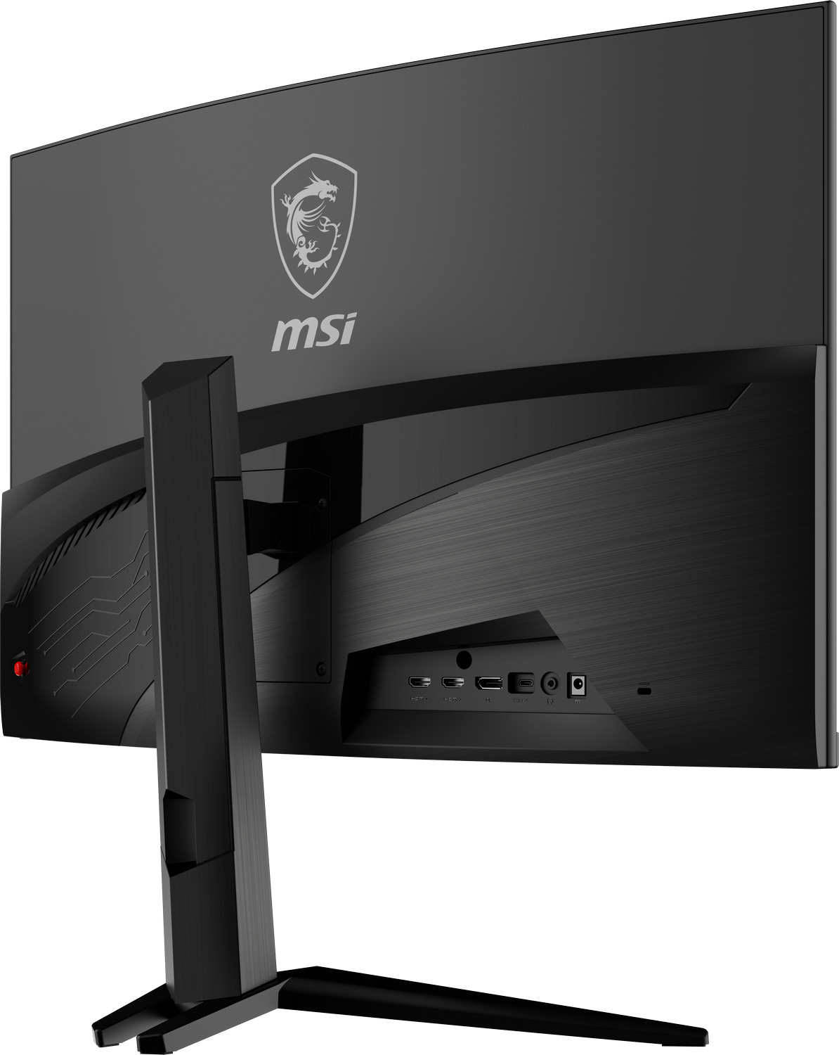 Vista trasera de un monitor de computadora negro con el logotipo de MSI, un soporte y varios puertos.