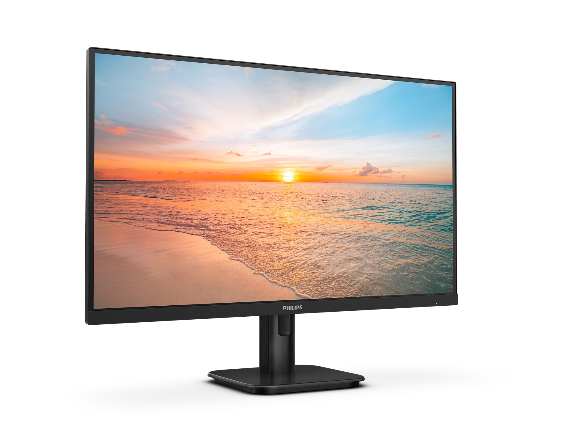 Un monitor negro muestra una escena de playa con una puesta de sol sobre el mar. El monitor está sobre un soporte negro.