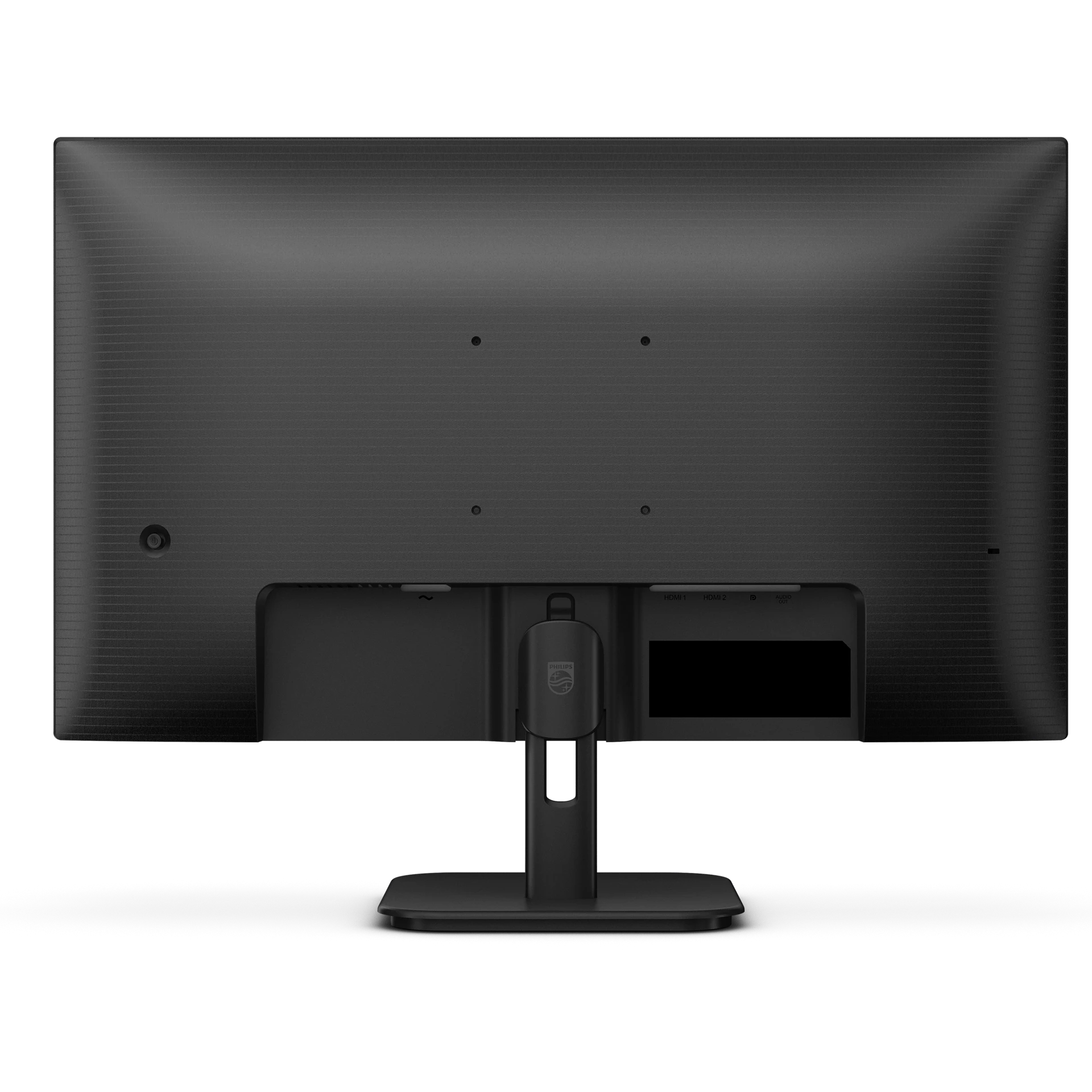 Vista trasera de un monitor negro, con logo Philips en el soporte, puertos visibles abajo.