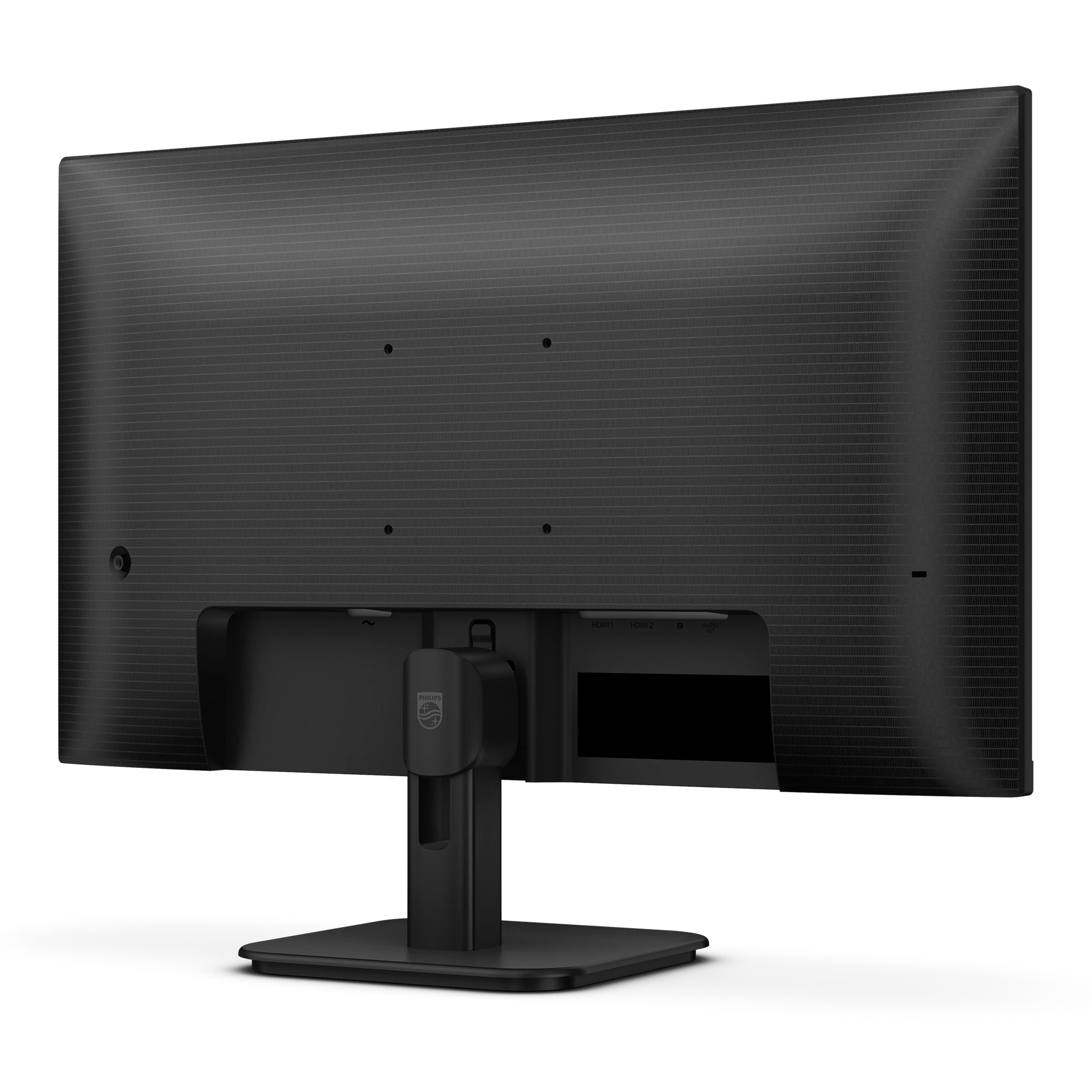 Vista trasera de un monitor Philips negro con soporte. Los puertos incluyen HDMI y salida de audio.