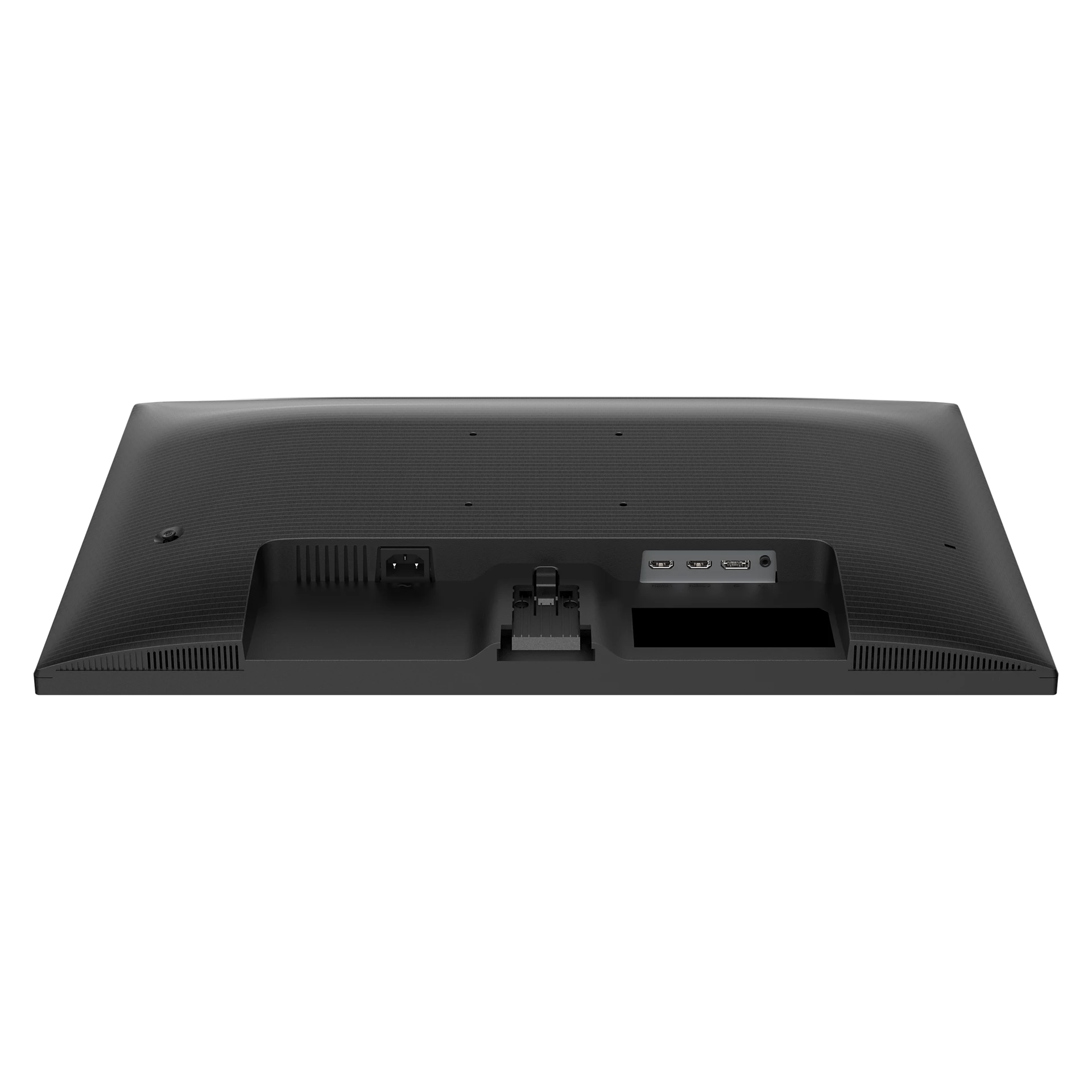 Parte trasera de monitor negro con puertos, entrada de energía y ventilación. Aislado sobre fondo blanco.