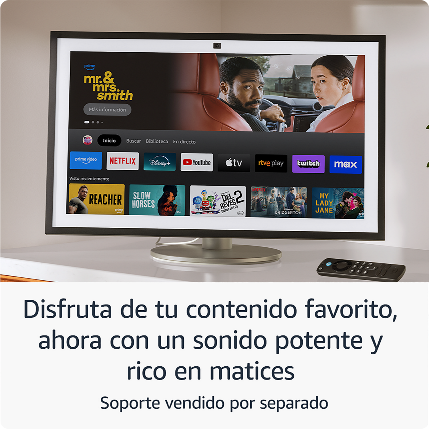 Pantalla de TV mostrando la interfaz de un servicio de streaming. Texto: Disfruta tu contenido favorito con sonido rico.