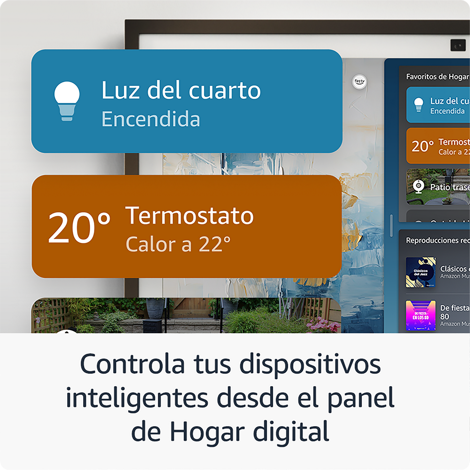 La interfaz de hogar inteligente muestra la luz de la habitación encendida y el termostato a 20 grados.