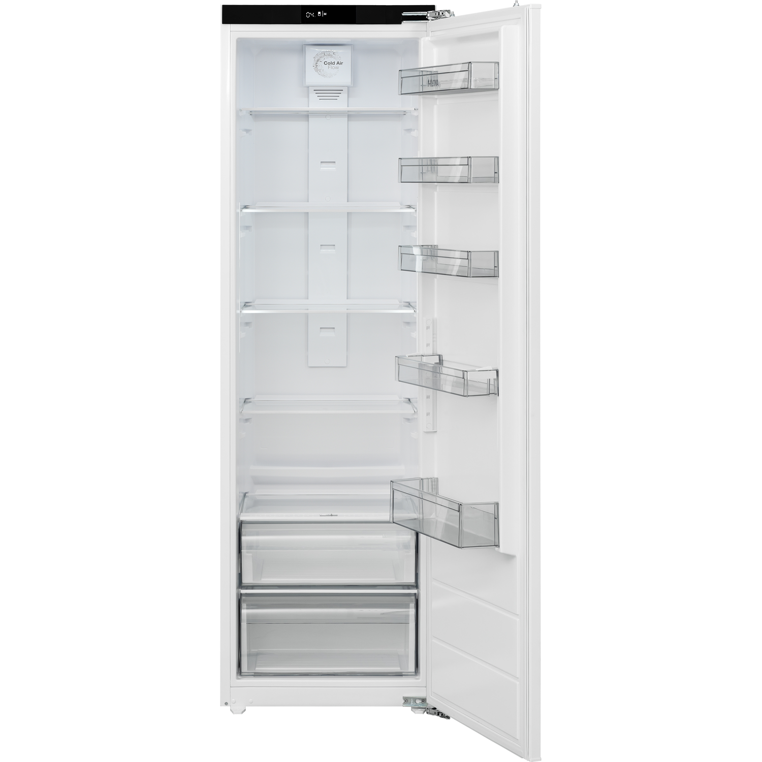Een witte koelkast met de deur open, met planken en laden. Wit interieur.