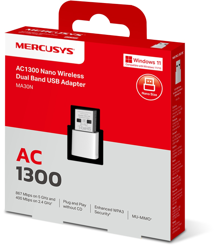 Egy piros-fehér doboz egy vezeték nélküli kétsávos USB adapterrel.