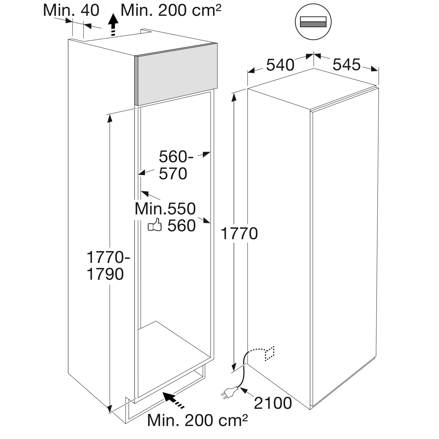 Diagram van een koelkast met afmetingen en maten.