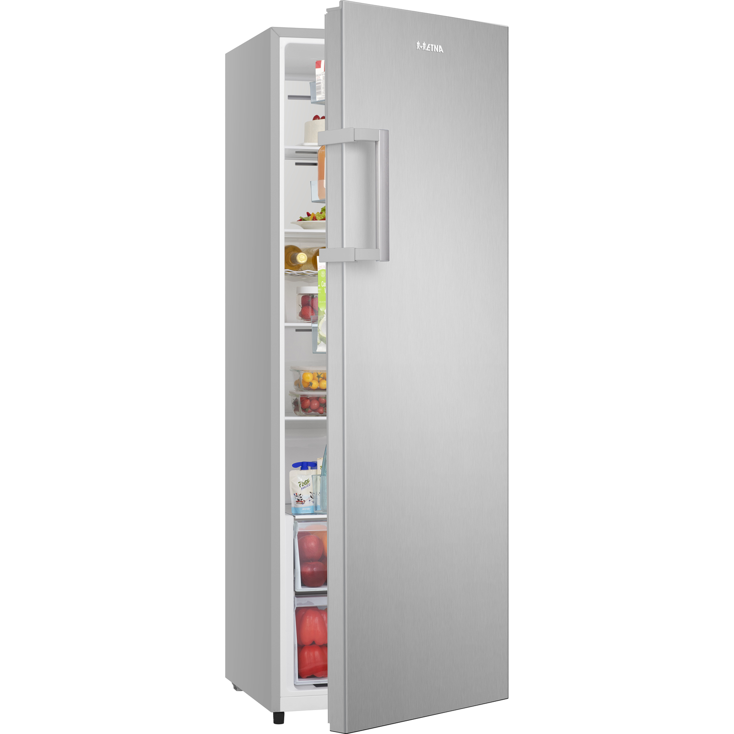 Silver refrigerator with open door, showing shelves with food items and a handle.