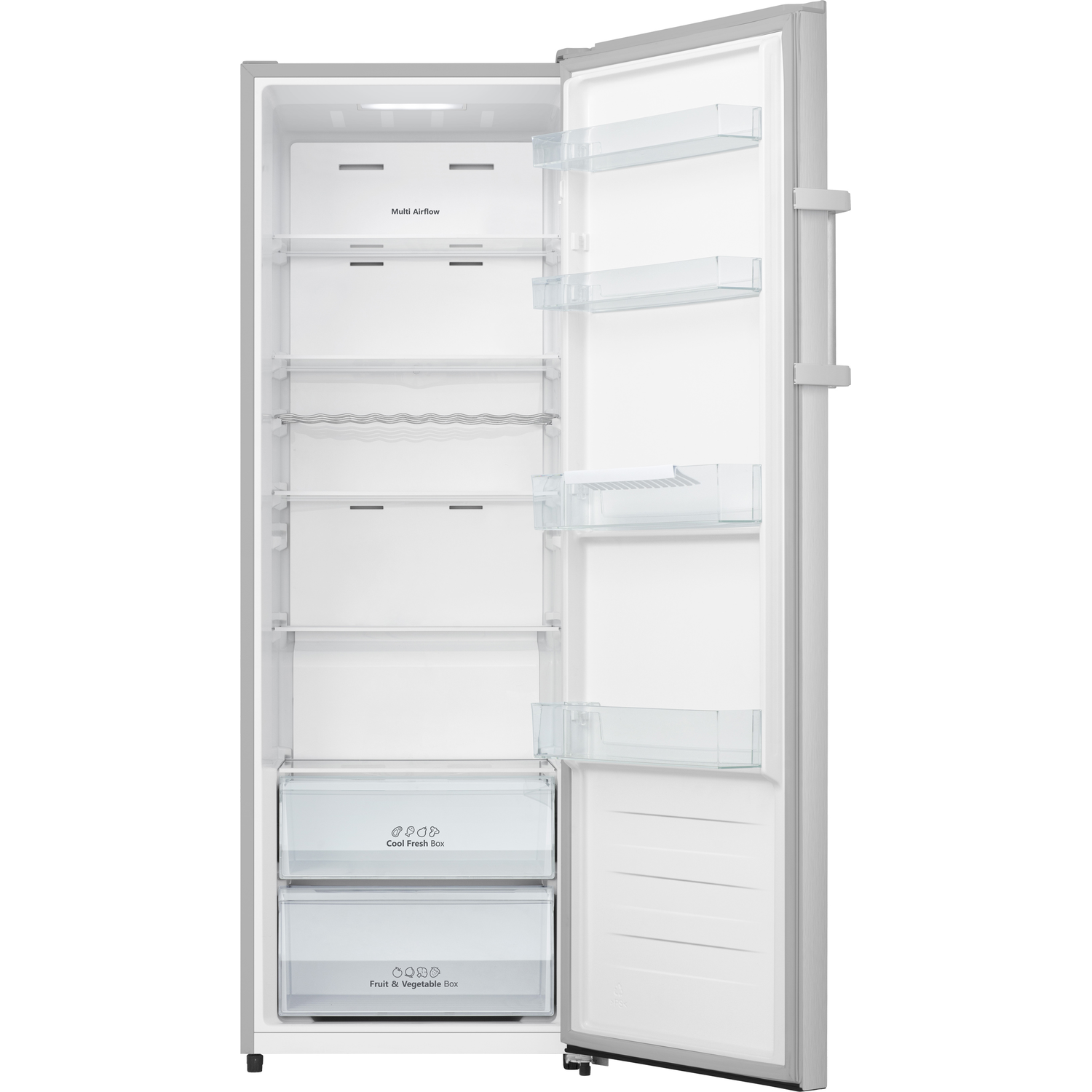 Inside of a refrigerator with open door, showing shelves and drawers.