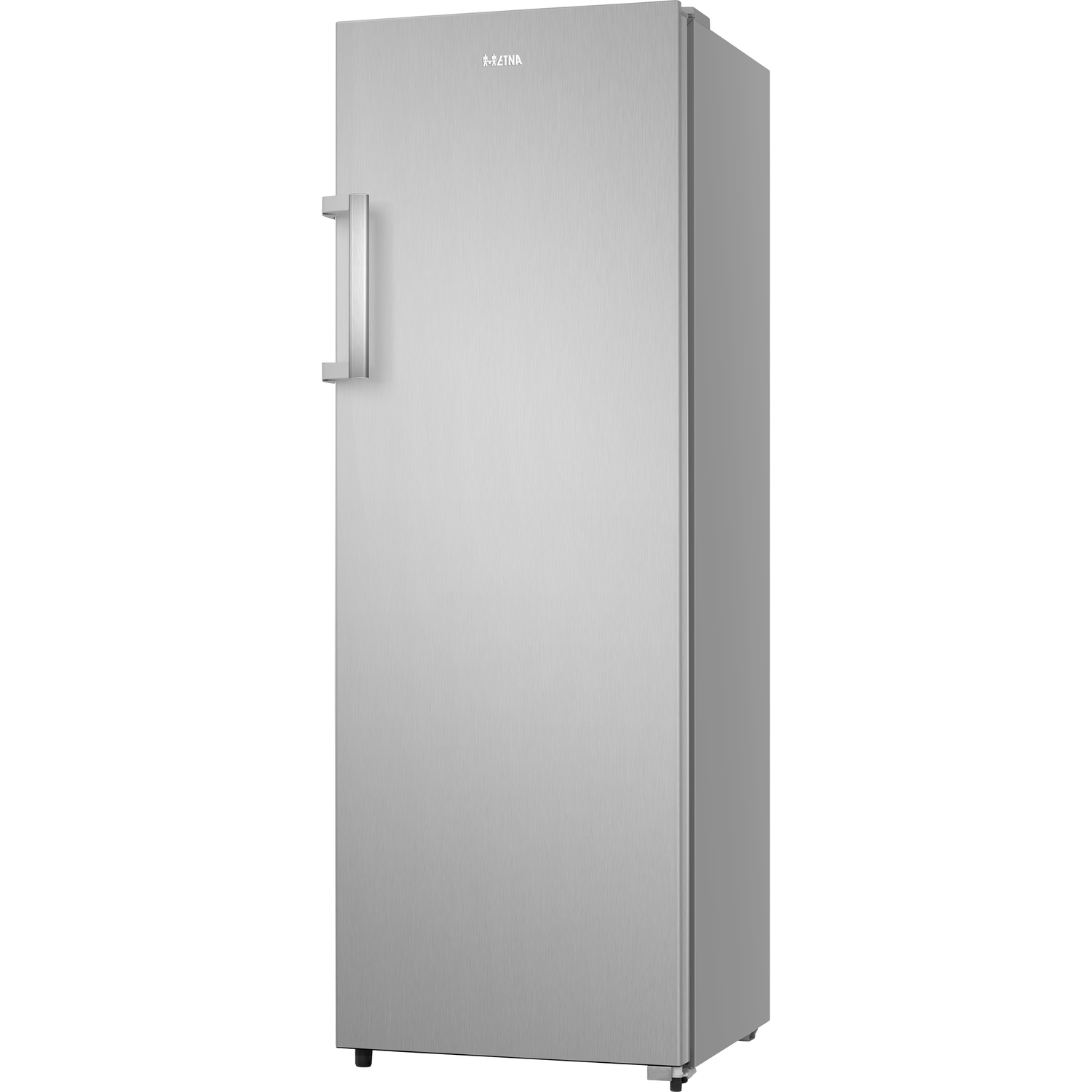Silver refrigerator, closed door, handle on the left side.