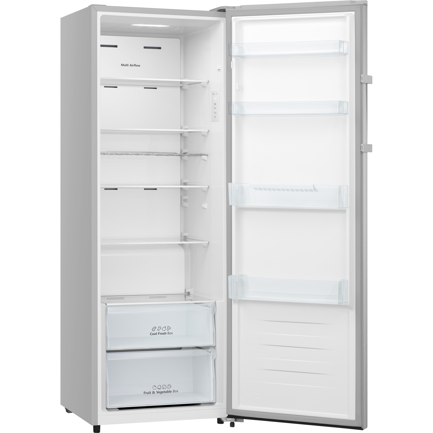 Silver refrigerator with the door open, showing shelves, drawers, and interior details.