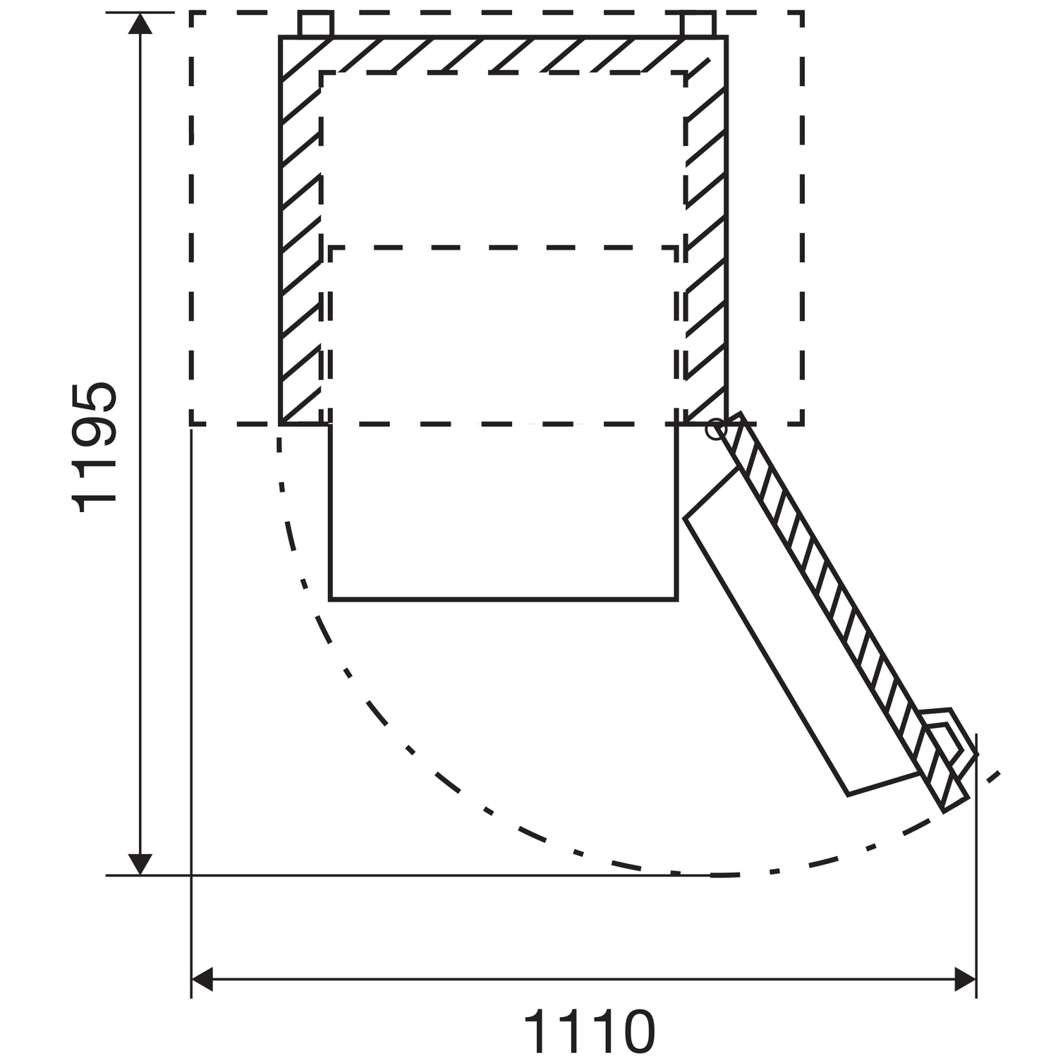 A technical drawing with dimensions, illustrating a cabinet or similar structure.