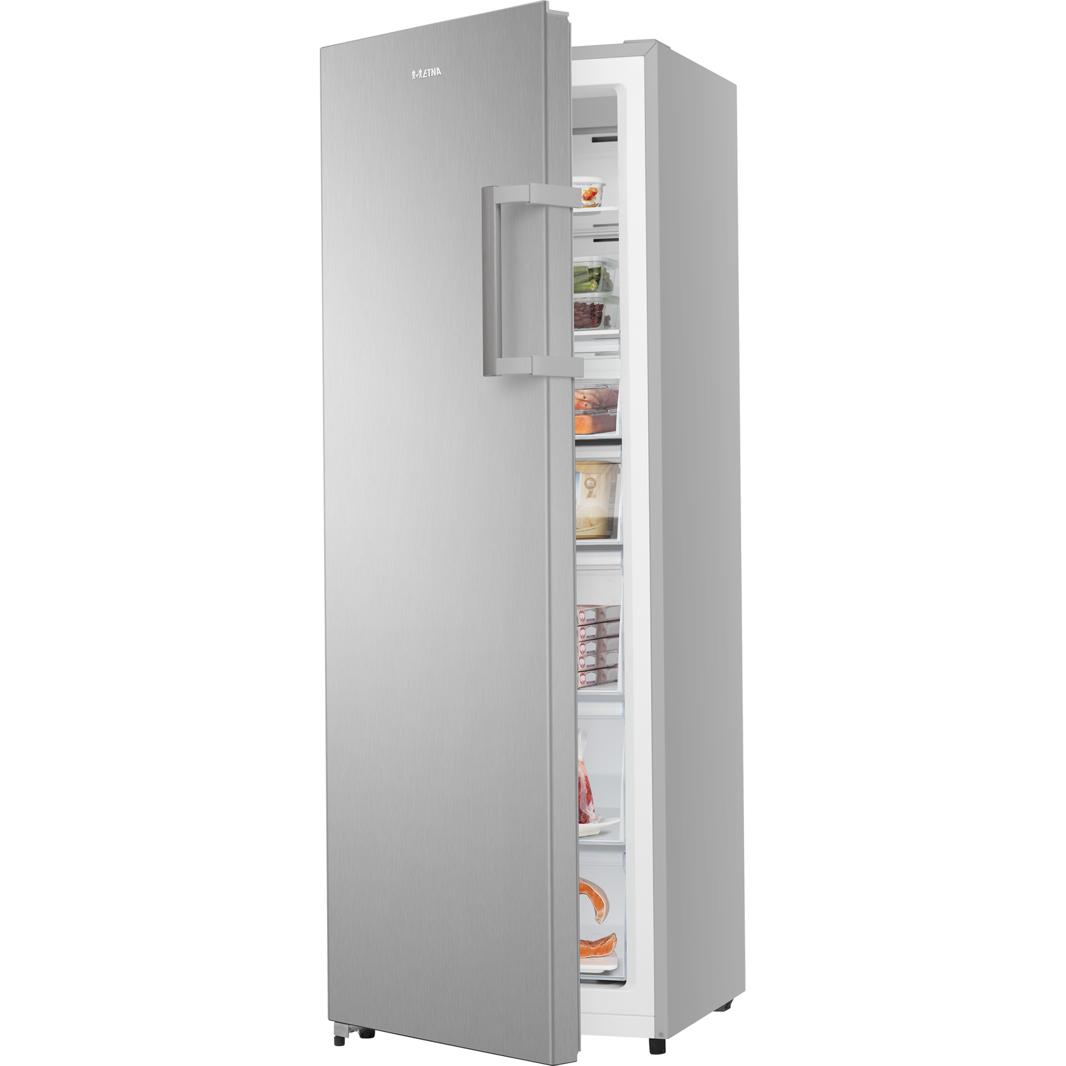 Silver refrigerator with door open, showing shelves and contents.