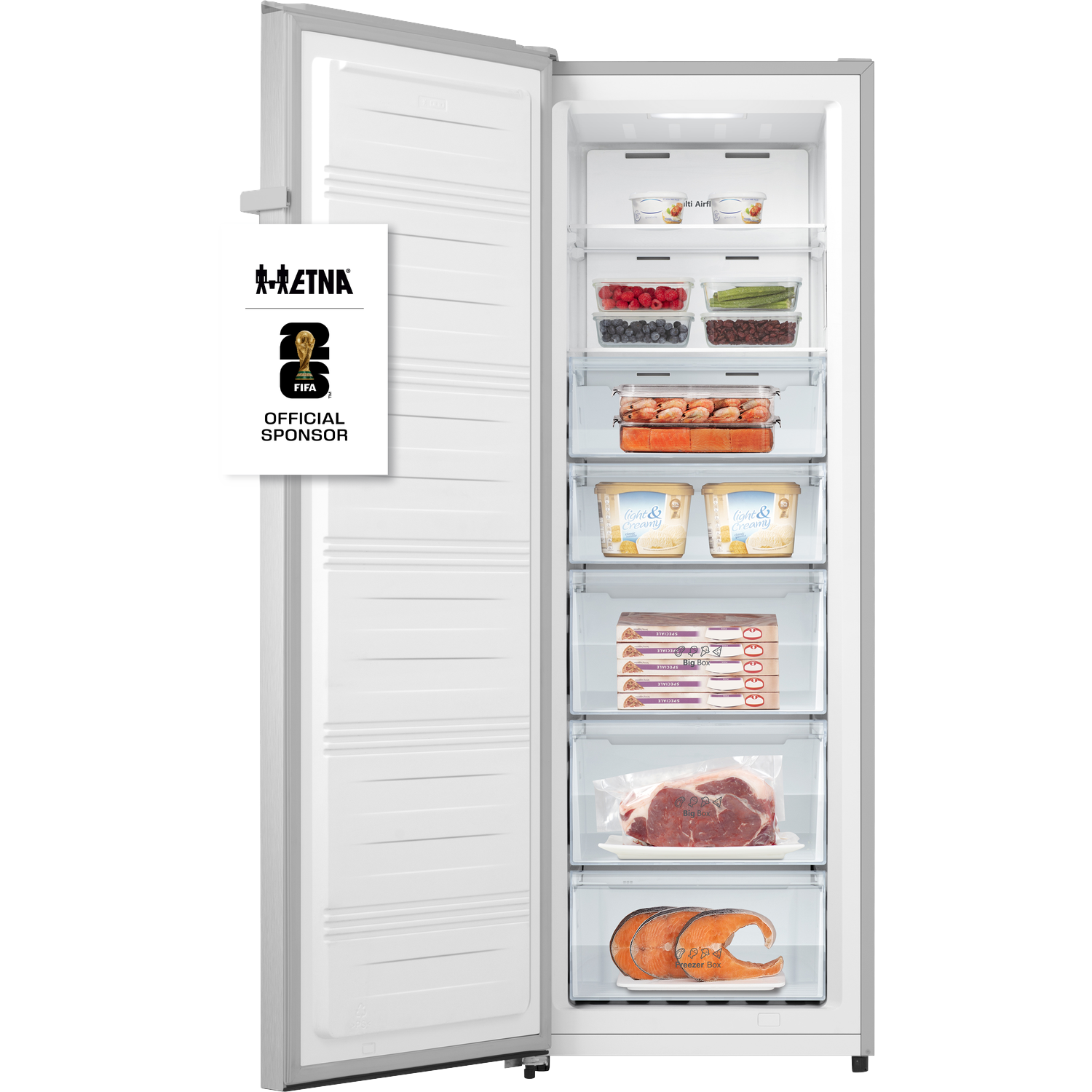 An open freezer filled with food items including meat, fish, and berries. FIFA sponsor logo on door.