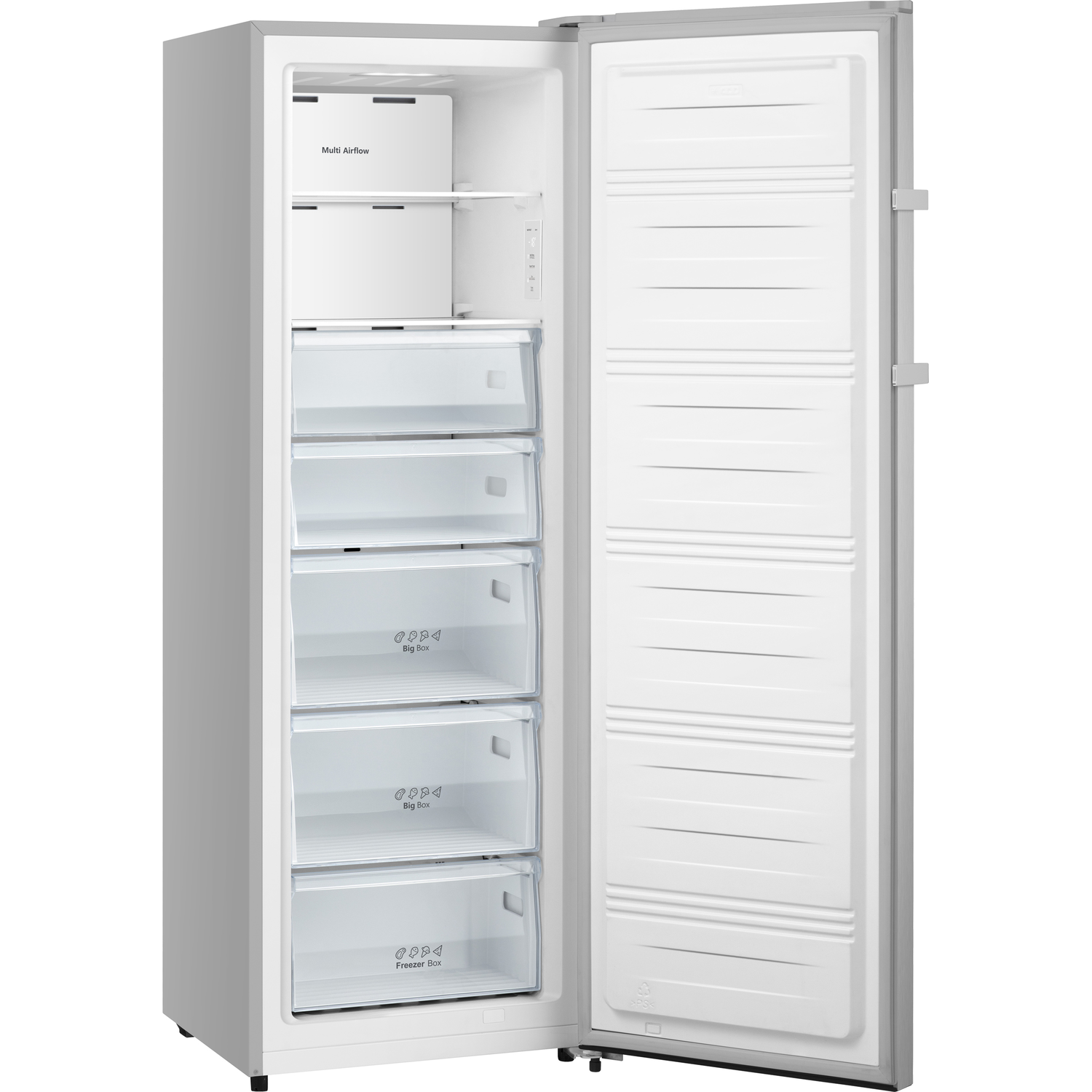 Silver refrigerator, door open, showing shelves, drawers, and internal components. White interior.
