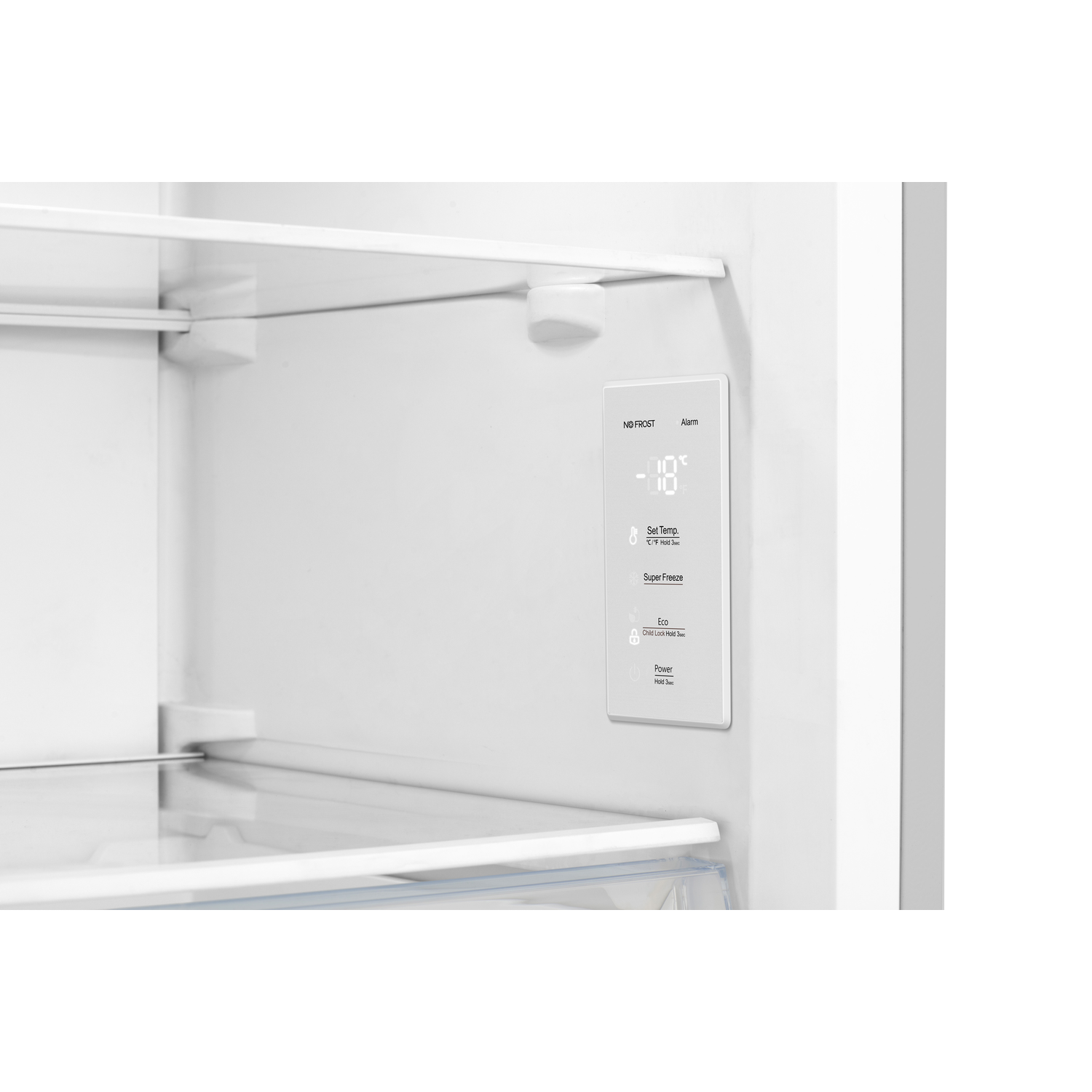 Inside of a white refrigerator. Display with temperature and settings, white shelves.