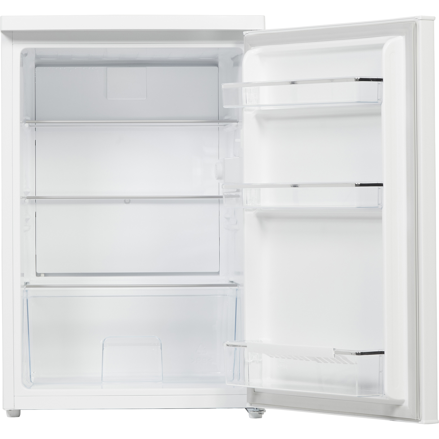 Witte koelkast met open deur, planken en laden, op een witte achtergrond.
