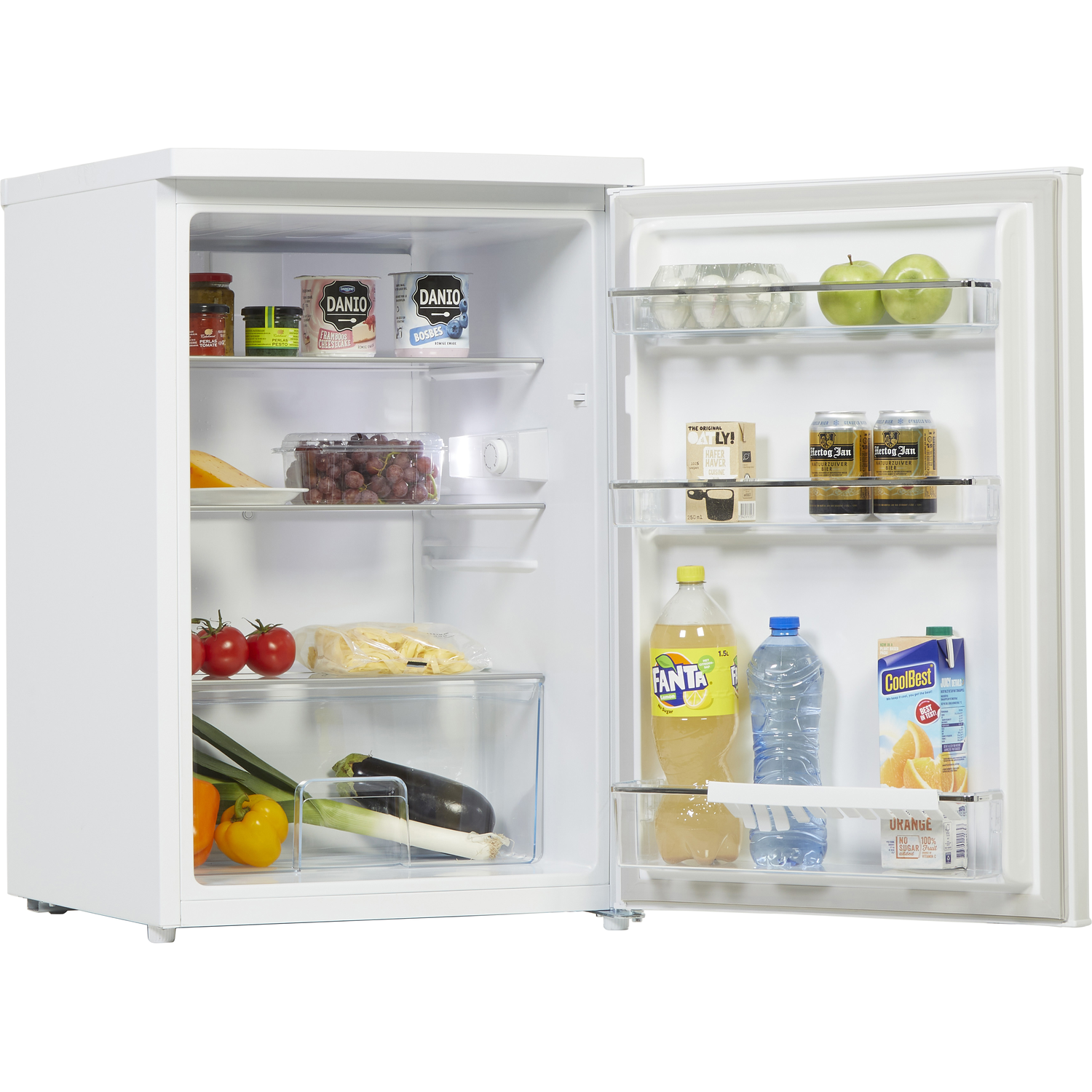 Open witte koelkast met voedsel erin. Inclusief groenten, fruit, drankjes en zuivel.