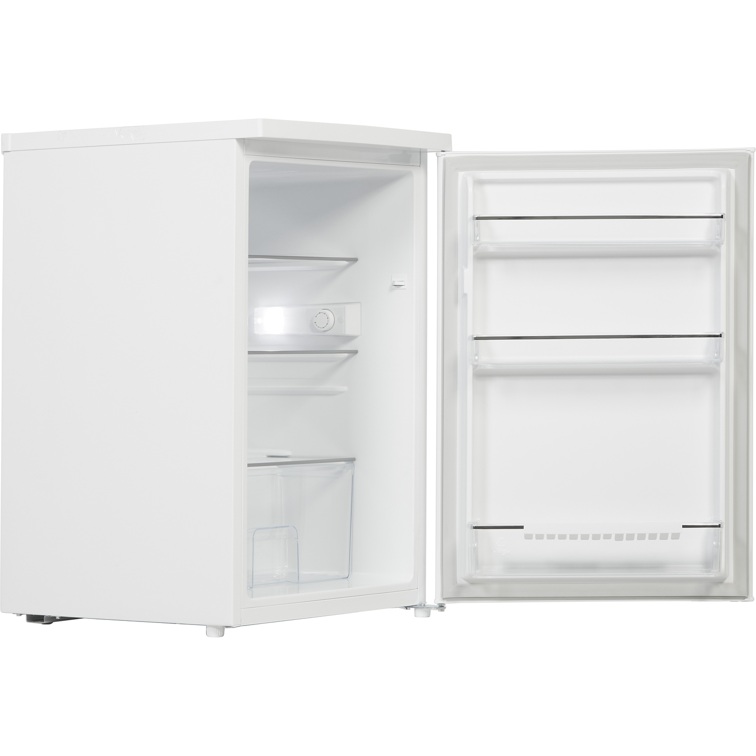 Witte koelkast, deur open. Lege planken en doorzichtige bak.
