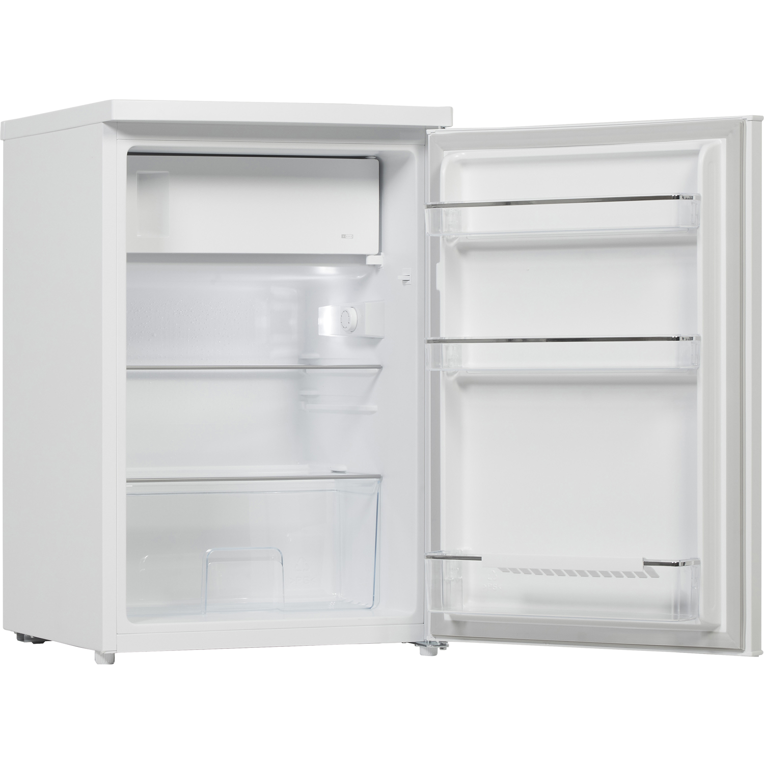 Een witte koelkast met de deur open, met planken en interne compartimenten.