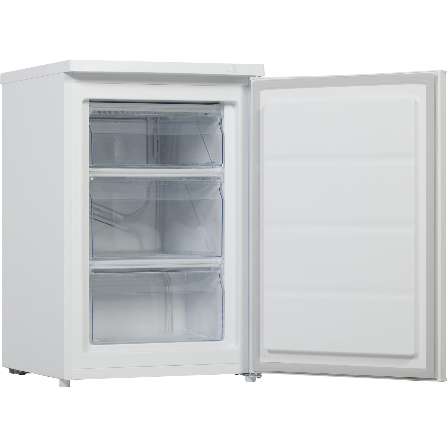 Een witte vriezer met drie lades, de deur staat open.