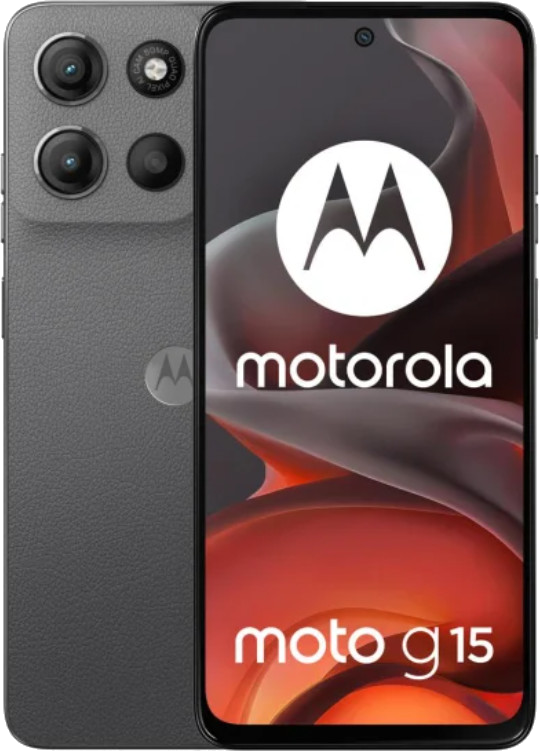 Telefon Motorola Moto G15. Ciemnoszary tył z aparatami i przód z nazwą telefonu.